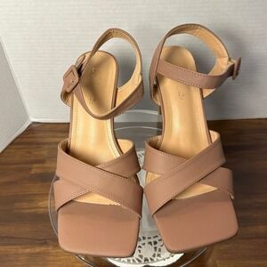 Bella Marie Essentials-2 Nude Nubuck Square Toe Block Heel Sandals Size 9